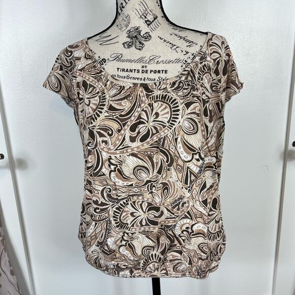 Liz Claiborne Tan white and brown paisley patterned cap sleeve blouse - Picture 1 of 9